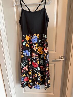 Pact Black Floral Midi Dress with Strappy Back and Multicolor Blooms